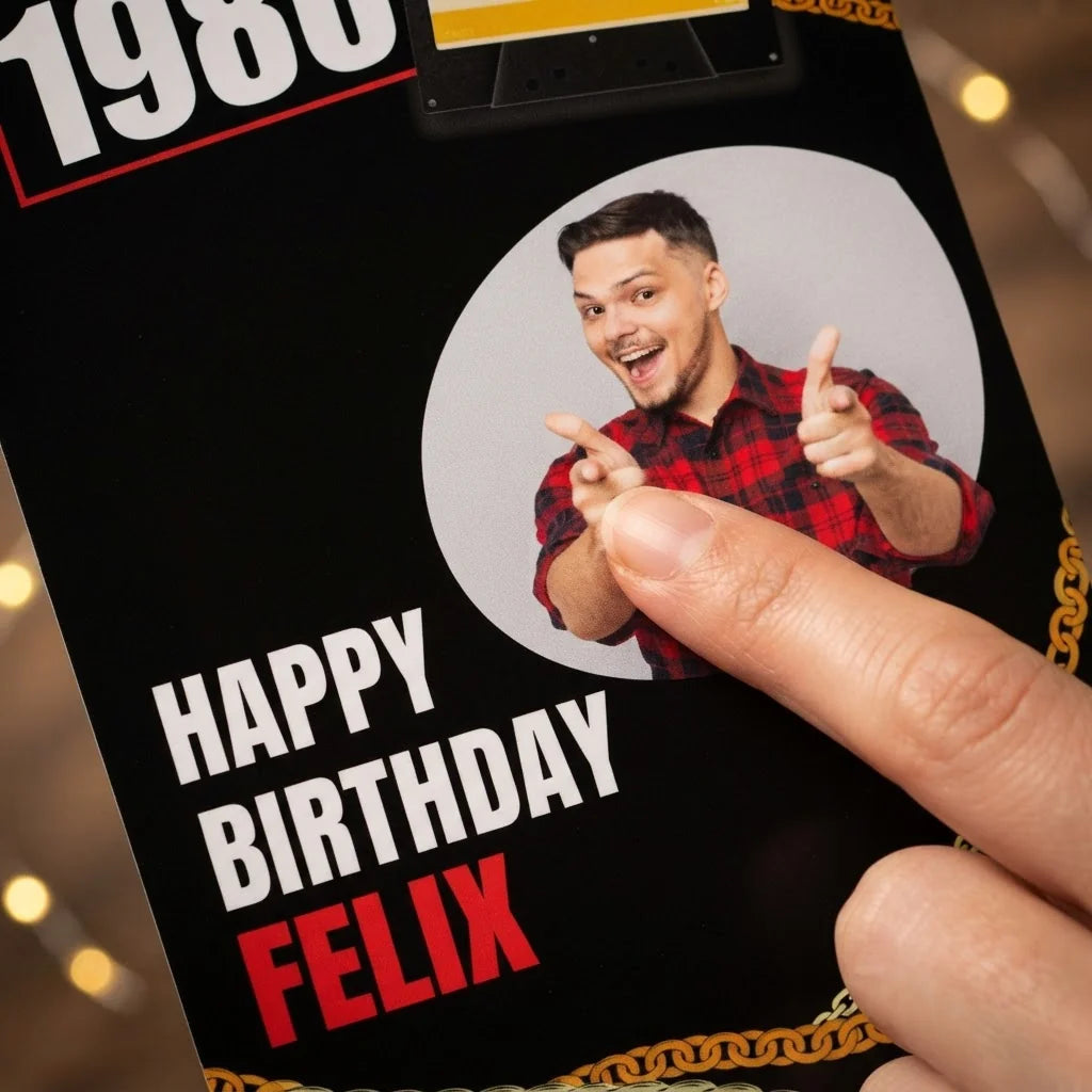 Close-up of the personalised name and photo printed on the Straight Outta 1980 Birthday Party Mega Card