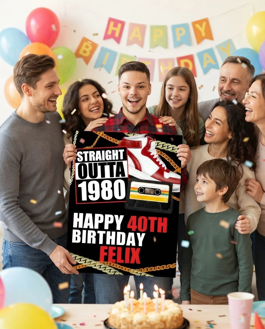 Friends and family celebrating with the personalised Straight Outta 1980 Birthday Party Mega Card