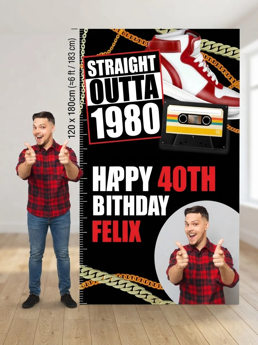 Person standing beside the Straight Outta 1980 Birthday Party Mega Card for scale in a size guide