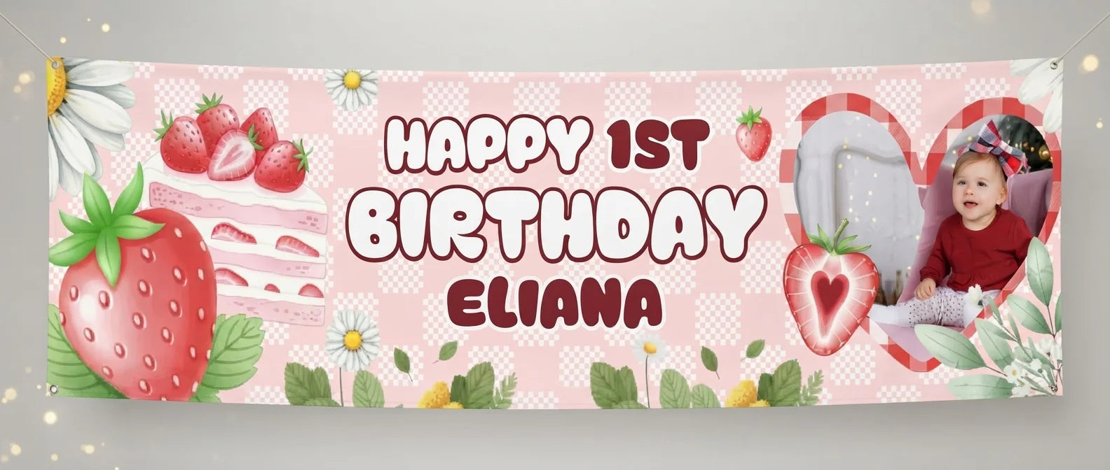 Personalised Strawberry Birthday Banner displayed against a plain studio background