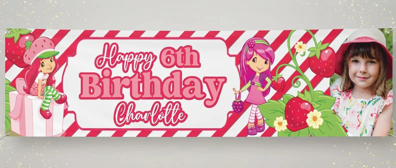 Personalised Strawberry Shortcakes Birthday Banner displayed against a plain studio background