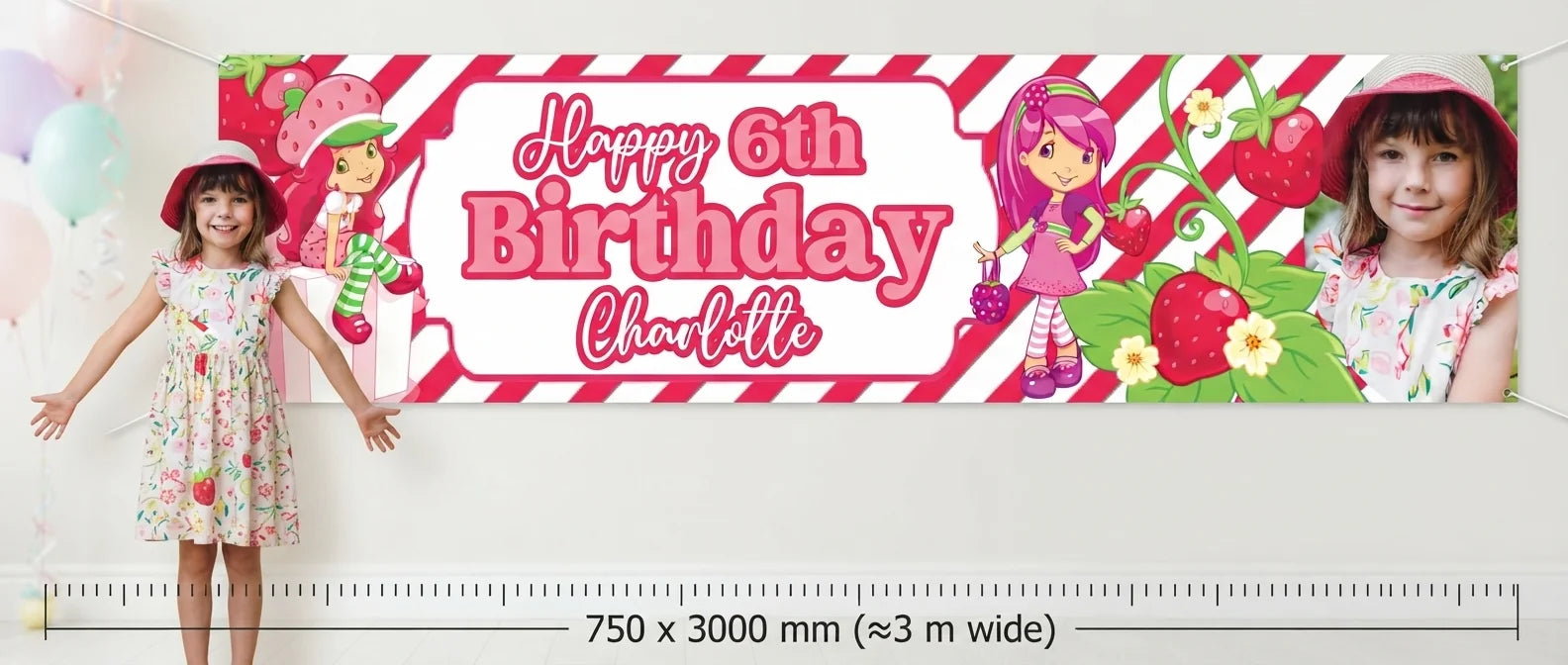 Person standing beside the Strawberry Shortcakes Birthday Banner for scale, with size guide showing 750 x 3000 mm