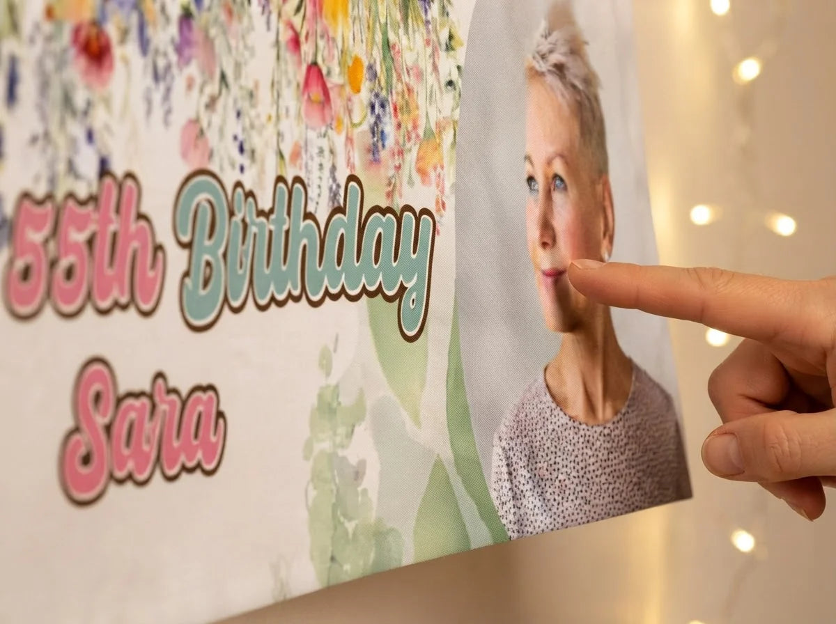 Close-up of the personalised name and photo printed on the Summer Flower Birthday Party Banner