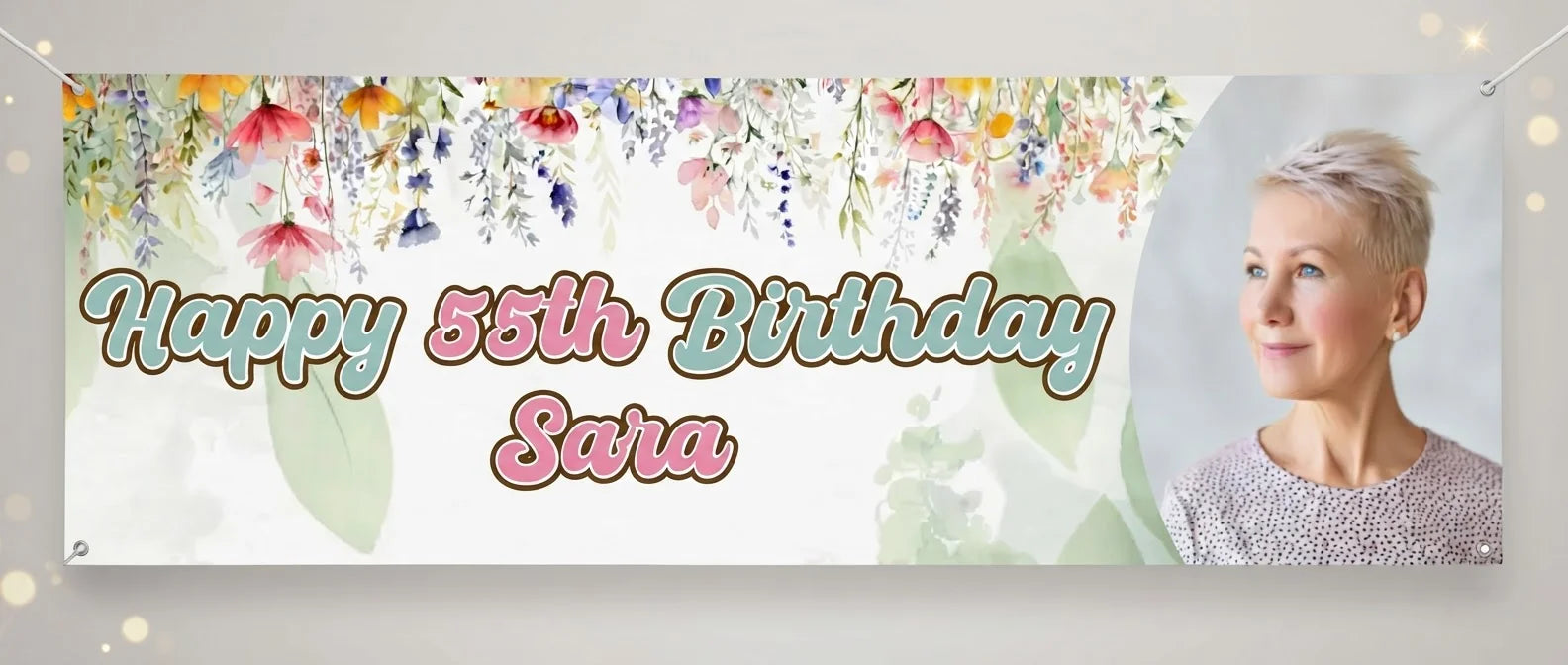 Personalised Summer Flower Birthday Party Banner displayed against a plain studio background