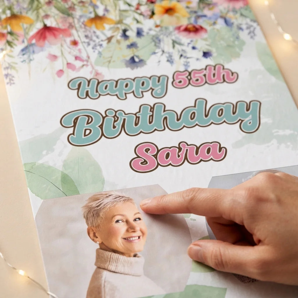 Close-up of the personalised name and photo printed on the Summer Flower Birthday Party Mega Card
