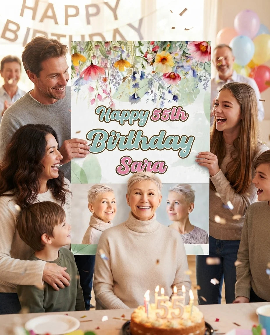 Friends and family celebrating with the personalised Summer Flower Birthday Party Mega Card