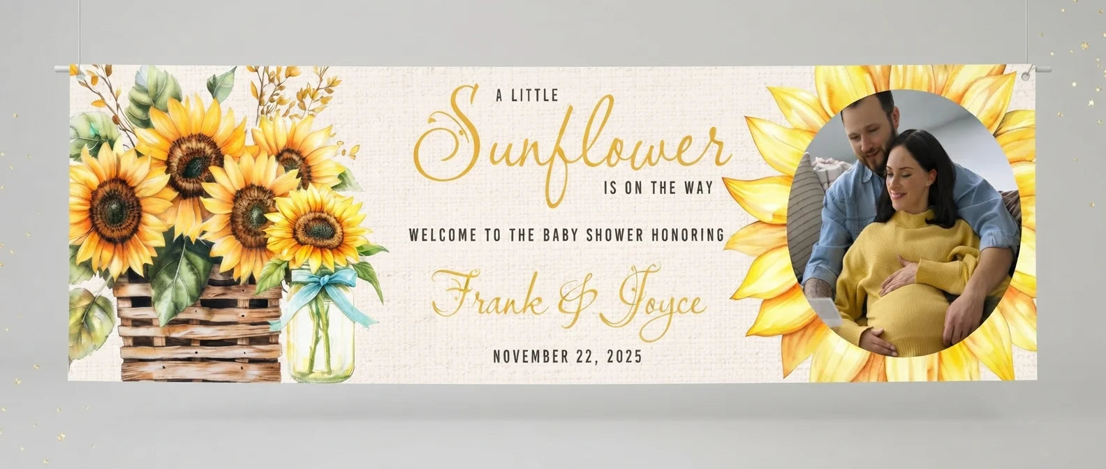 Personalised Sunflower Baby Shower Party Banner displayed against a plain studio background