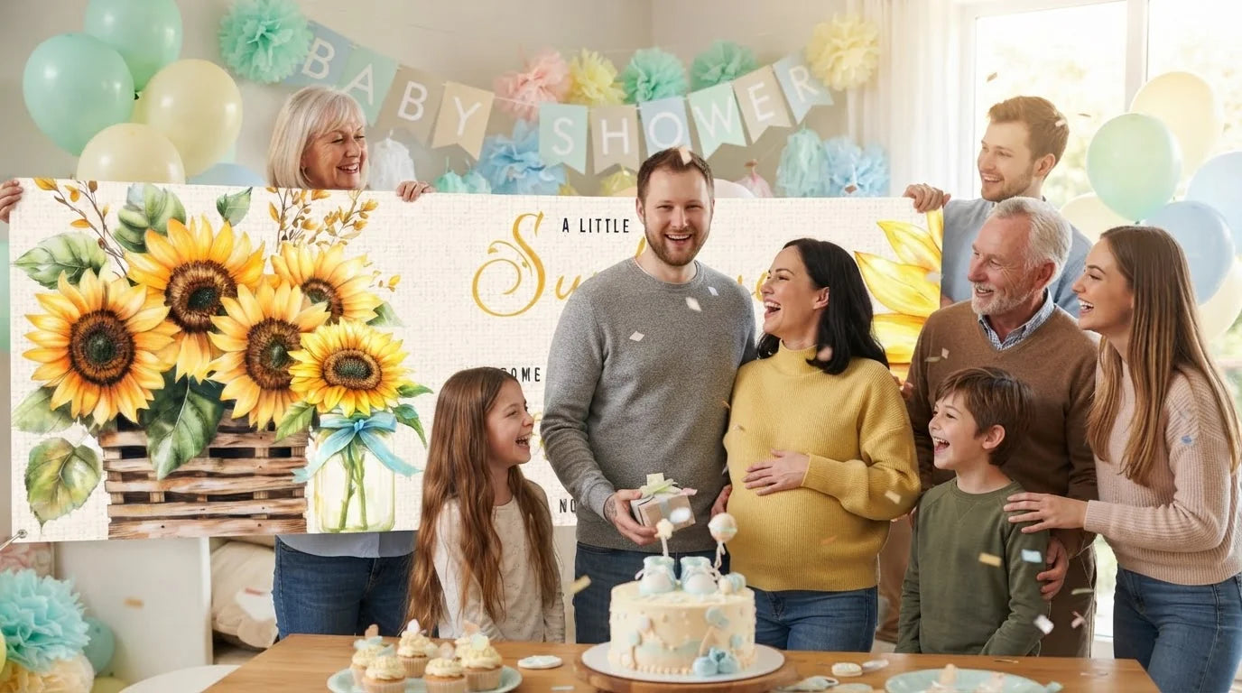 Friends and family celebrating with the personalised Sunflower Baby Shower Party Banner