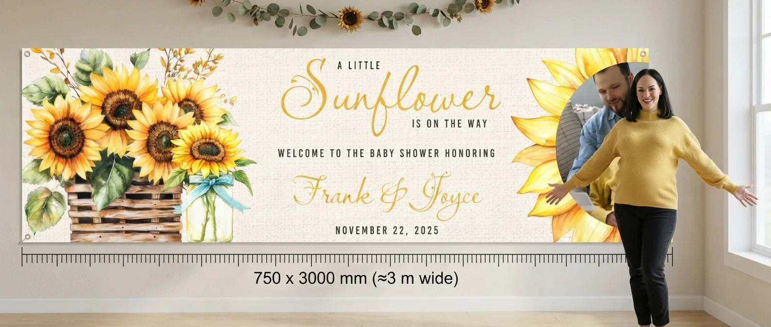 Person standing beside the Sunflower Baby Shower Party Banner for scale, with size guide showing 750 x 3000 mm