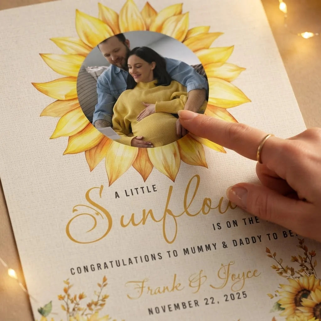 Close-up of the personalised name and photo printed on the Sunflower Baby Shower Party Mega Card