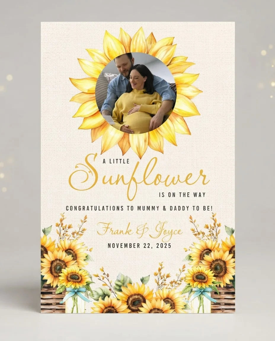 Personalised Sunflower Baby Shower Party Mega Card displayed against a plain studio background