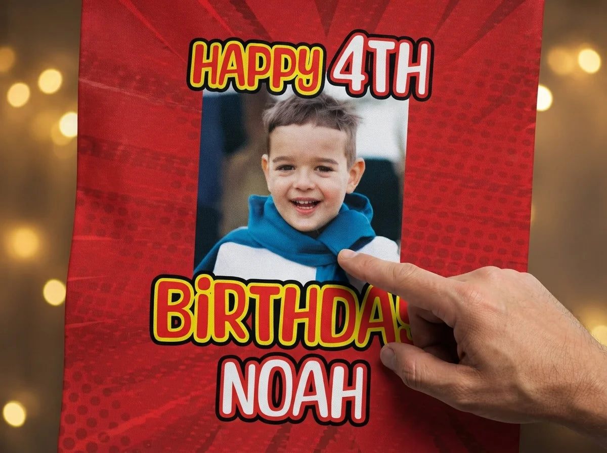 Close-up of the personalised name and photo printed on the Superman Birthday Banner