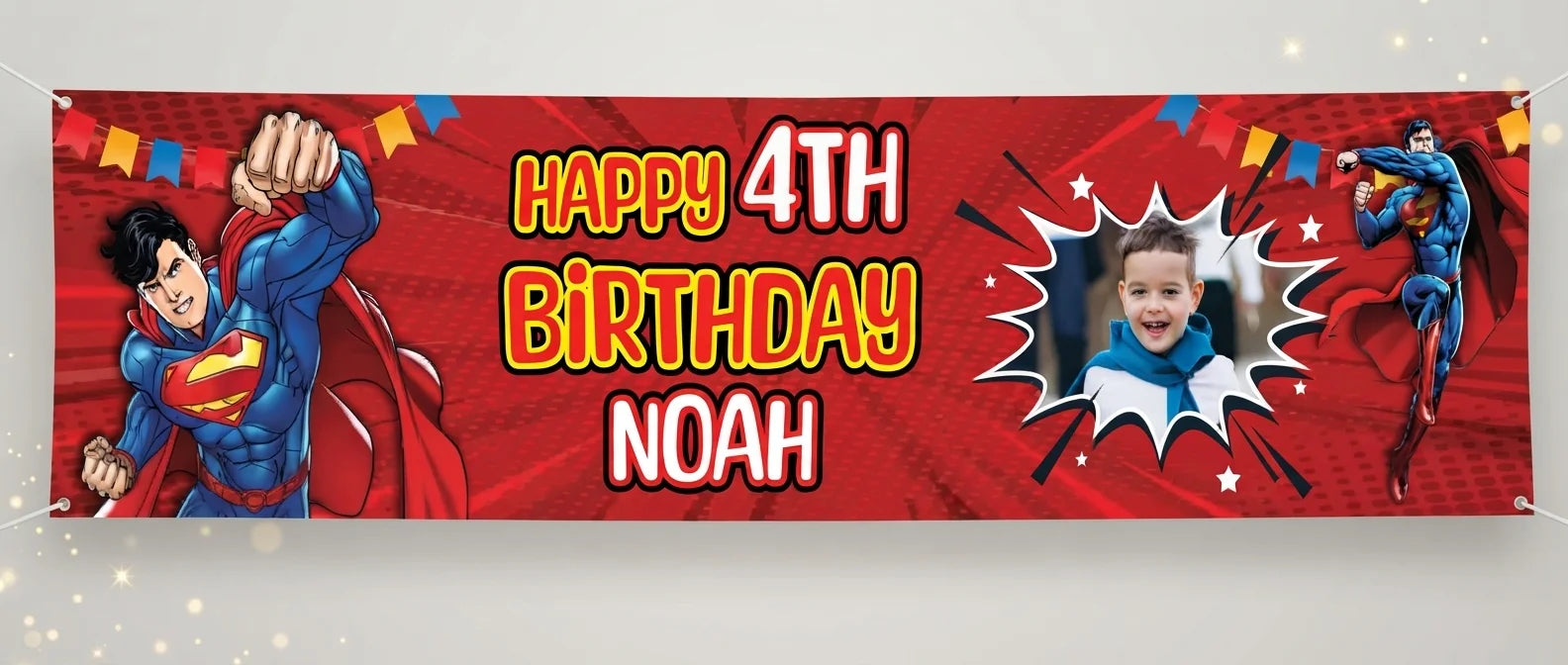Personalised Superman Birthday Banner displayed against a plain studio background