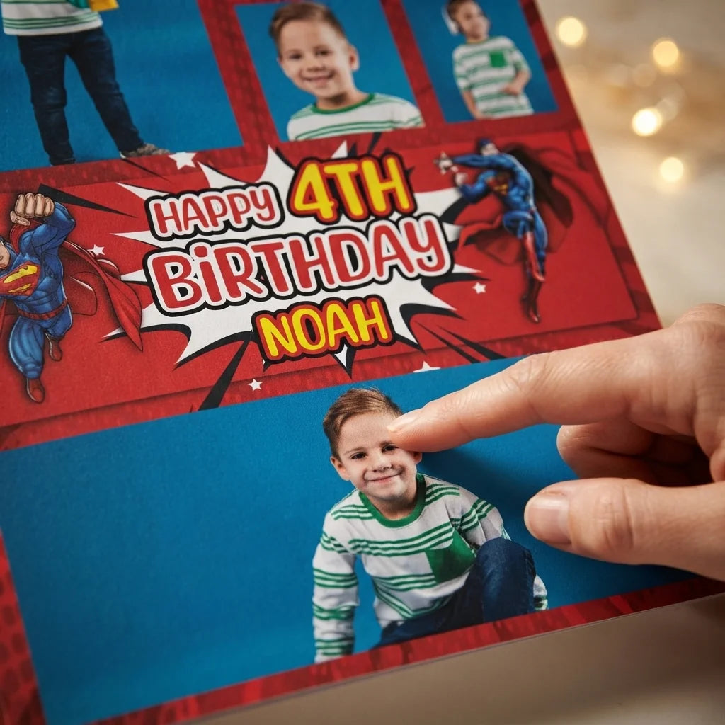 Close-up of the personalised name and photo printed on the Superman Mega Card