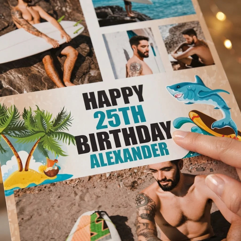 Close-up of the personalised name and photo printed on the Surfing Shark Birthday Party Mega Card