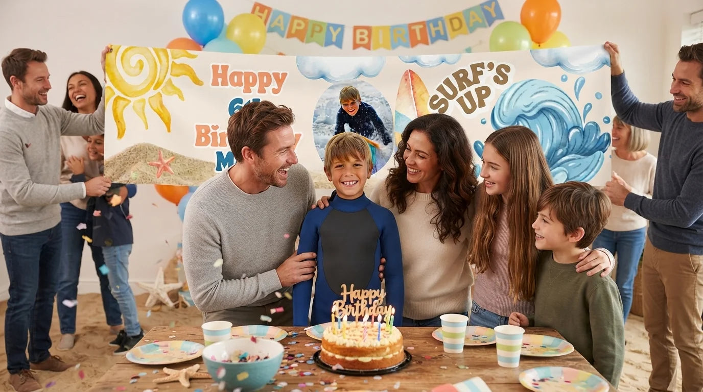 Friends and family celebrating with the personalised Surfs Up Birthday Party Banner