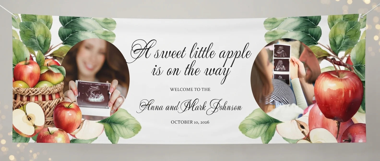 Personalised Sweet Little Apple Baby Shower Party Banner displayed against a plain studio background