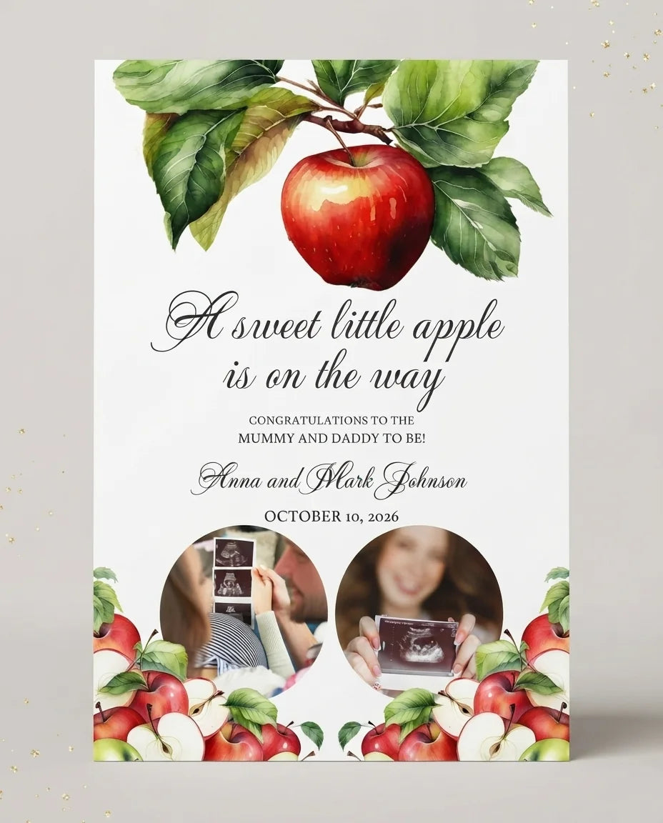 Personalised Sweet Little Apple Baby Shower Party Mega Card displayed against a plain studio background