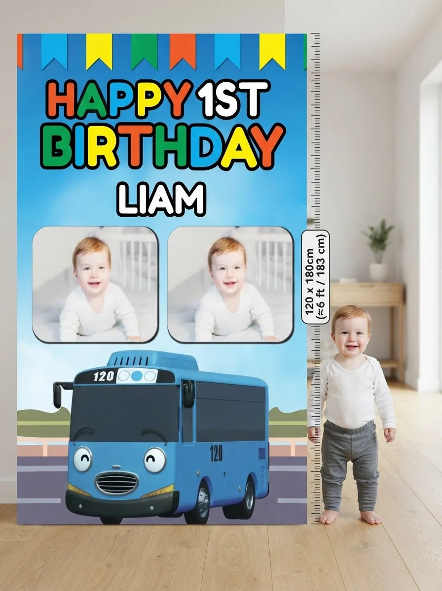 Person standing beside the Tayo The Little Bus Mega Card for scale in a size guide