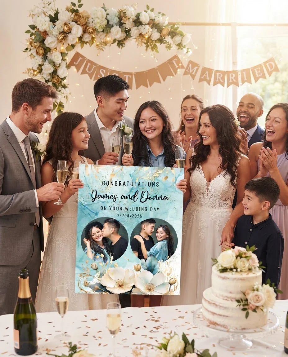 Friends and family celebrating with the personalised Teal and Gold Flower Theme Wedding Mega Card