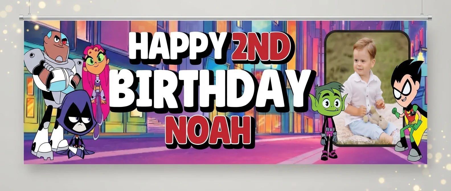 Personalised Teen Titans Go Birthday Banner displayed against a plain studio background