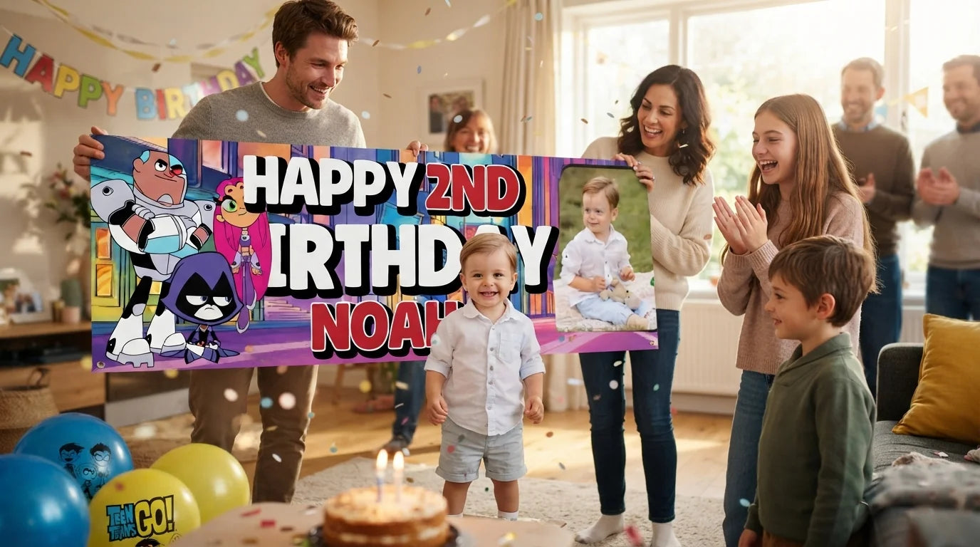 Friends and family celebrating with the personalised Teen Titans Go Birthday Banner