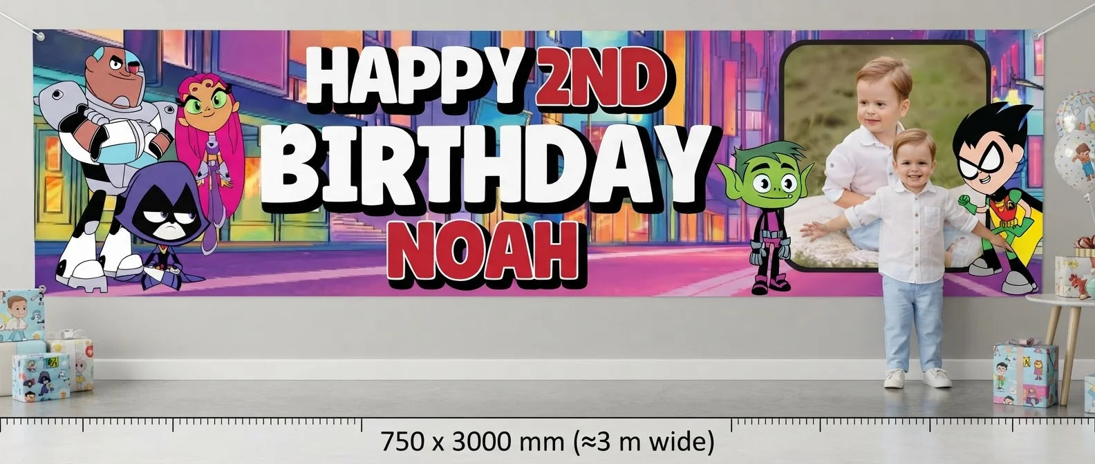 Person standing beside the Teen Titans Go Birthday Banner for scale, with size guide showing 750 x 3000 mm