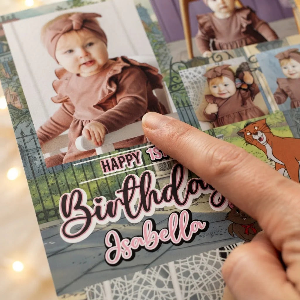 Close-up of the personalised name and photo printed on the The Aristocats Mega Card