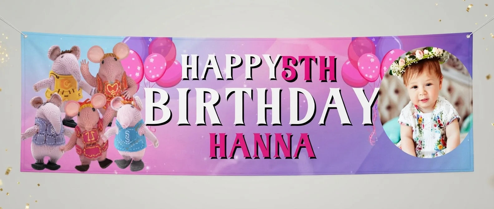 Personalised The Clangers Birthday Banner displayed against a plain studio background