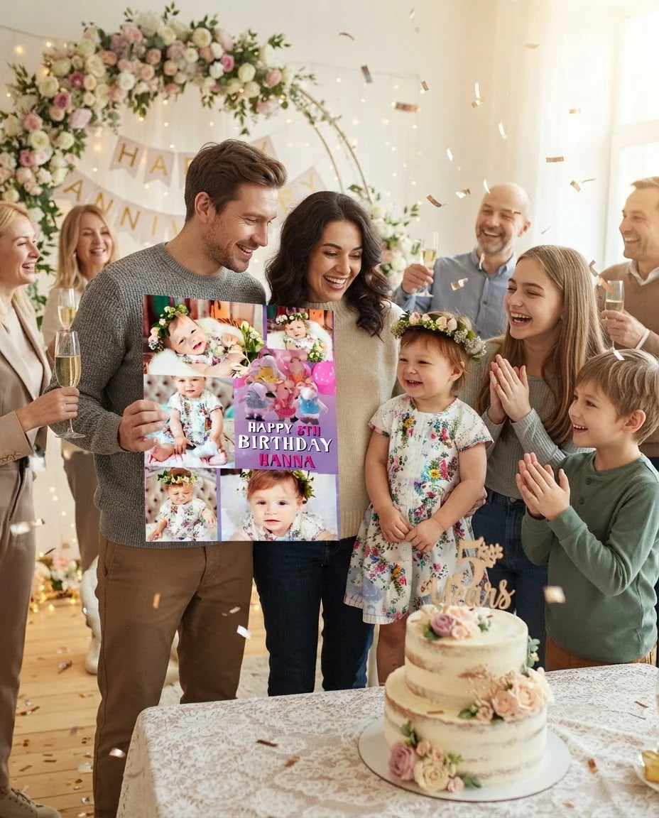 Friends and family celebrating with the personalised The Clangers Mega Card