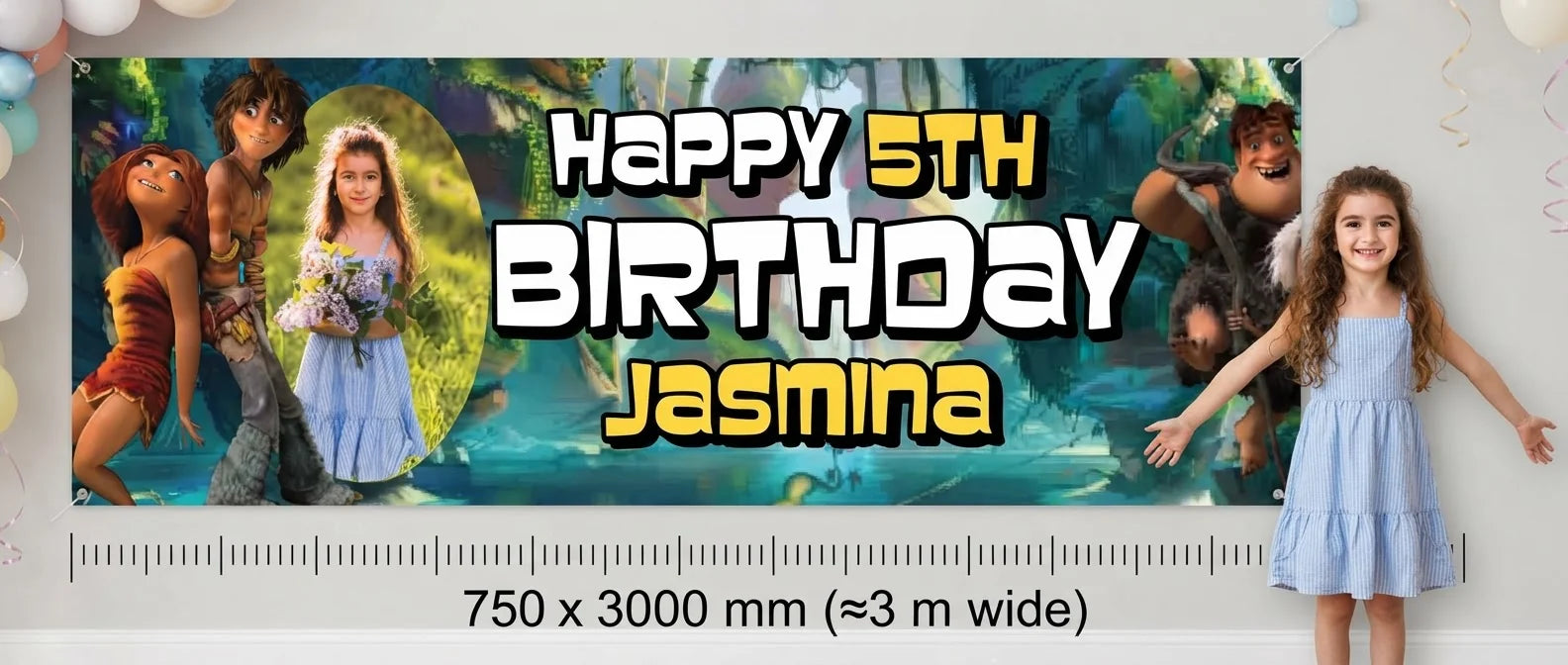 Person standing beside the The Croods Birthday Banner for scale, with size guide showing 750 x 3000 mm