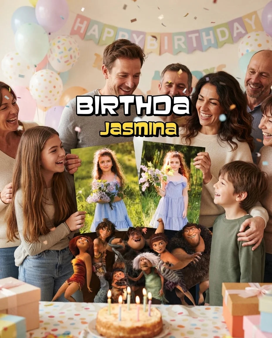 Friends and family celebrating with the personalised The Croods Mega Card