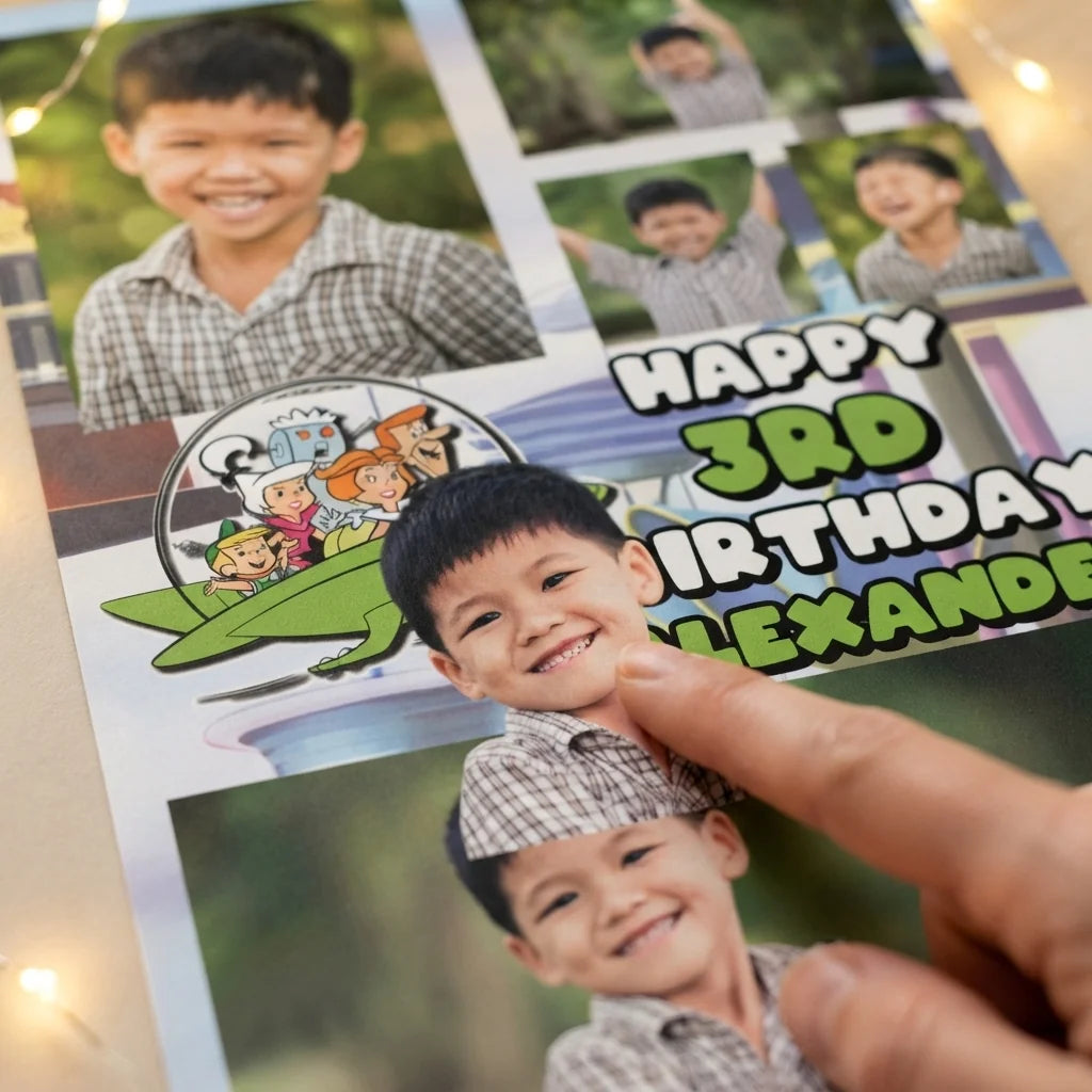 Close-up of the personalised name and photo printed on the The Jetsons Mega Card