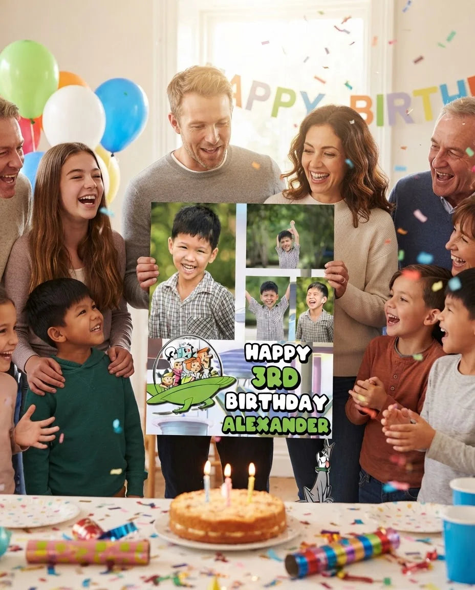 Friends and family celebrating with the personalised The Jetsons Mega Card