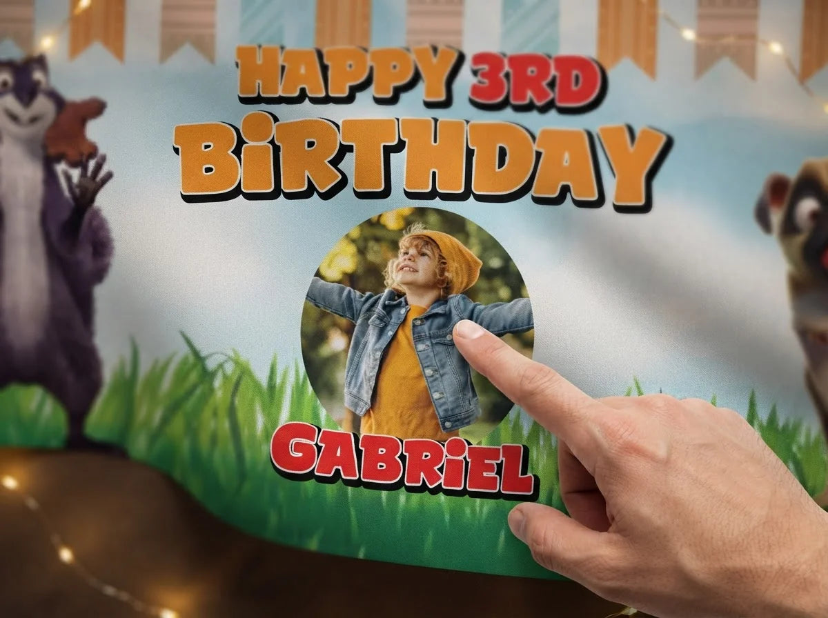 Close-up of the personalised name and photo printed on the The Nut Job Birthday Banner