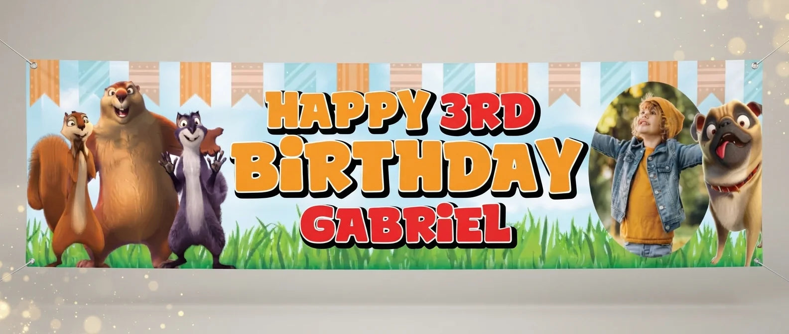 Personalised The Nut Job Birthday Banner displayed against a plain studio background