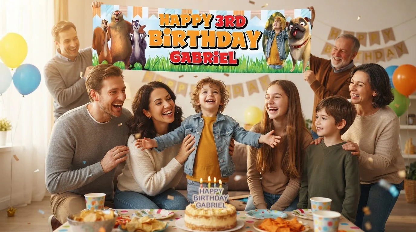 Friends and family celebrating with the personalised The Nut Job Birthday Banner
