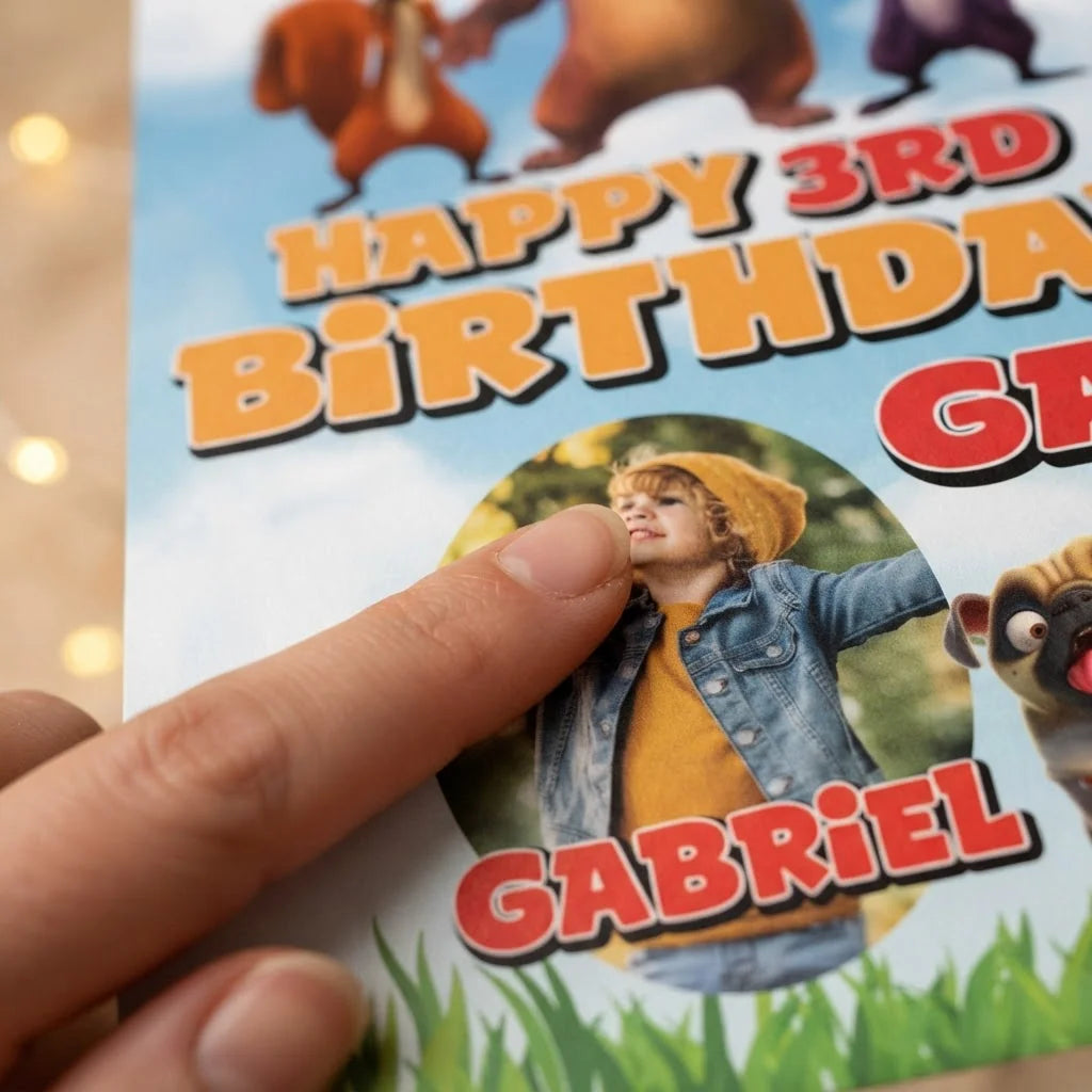 Close-up of the personalised name and photo printed on the The Nut Job Mega Card
