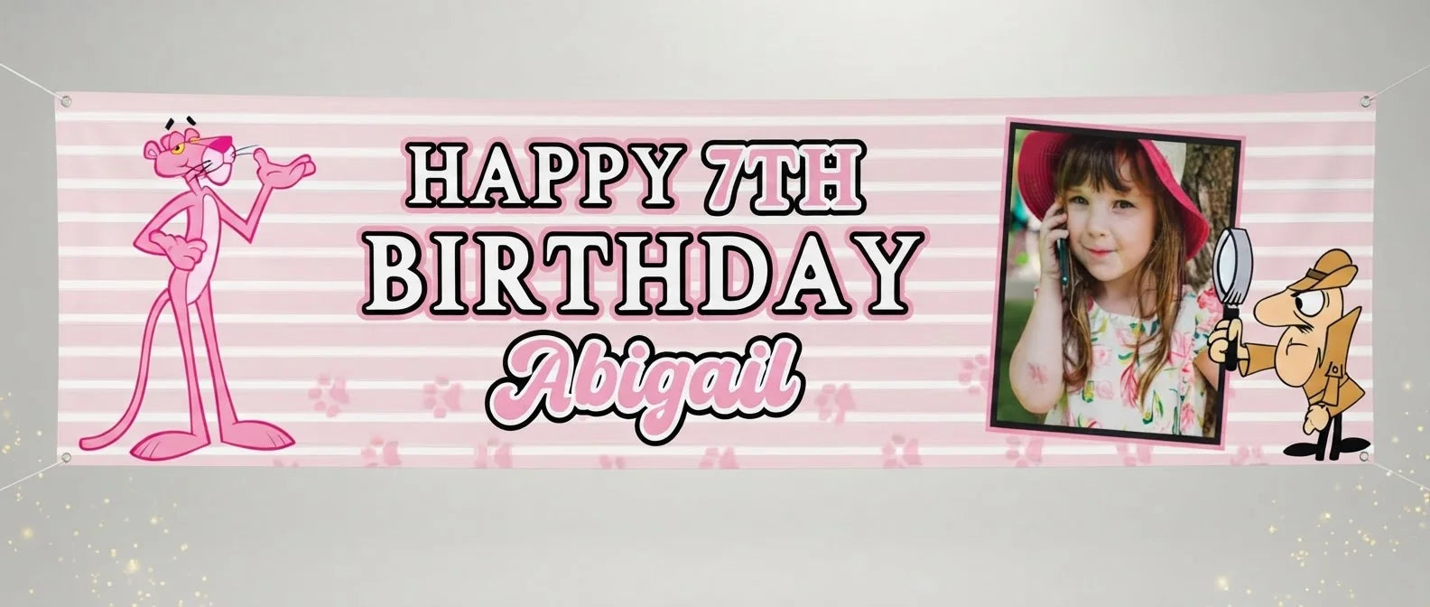 Personalised The Pink Panther Birthday Banner displayed against a plain studio background