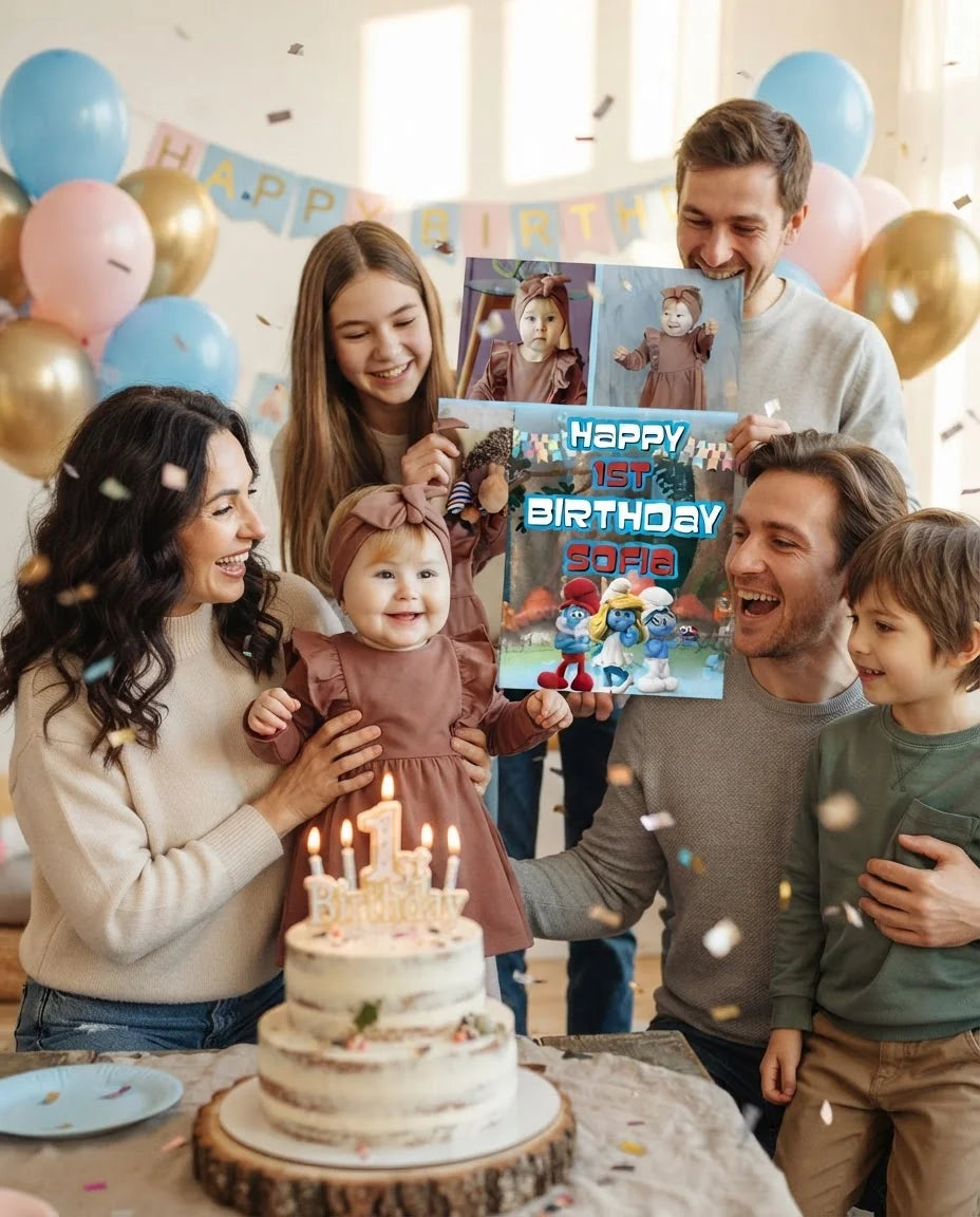Friends and family celebrating with the personalised The Smurfs Mega Card