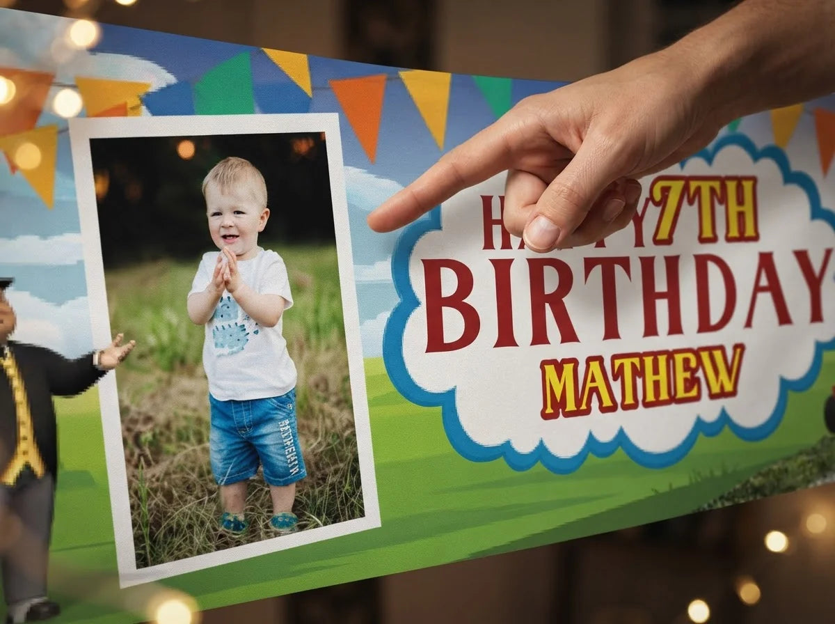 Close-up of the personalised name and photo printed on the Thomas and Friends Birthday Banner
