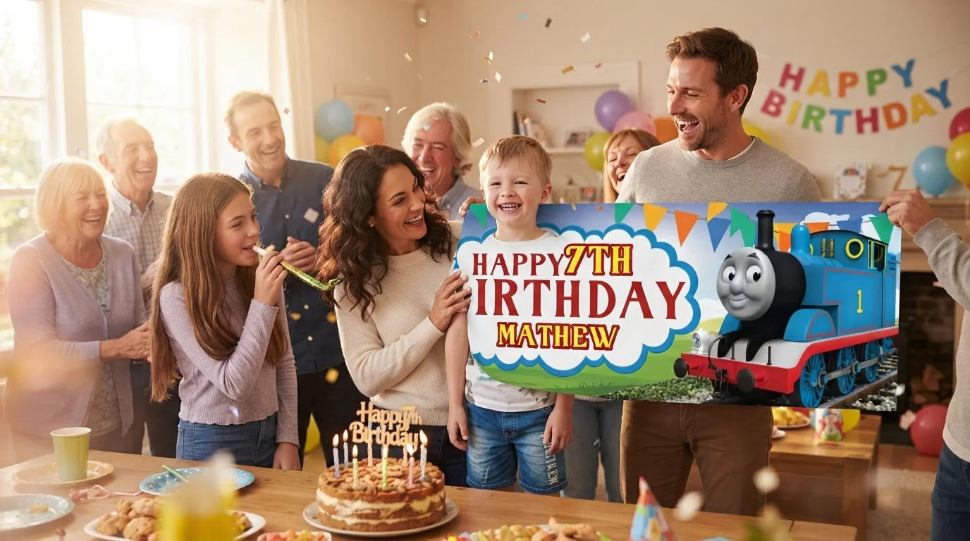 Friends and family celebrating with the personalised Thomas and Friends Birthday Banner