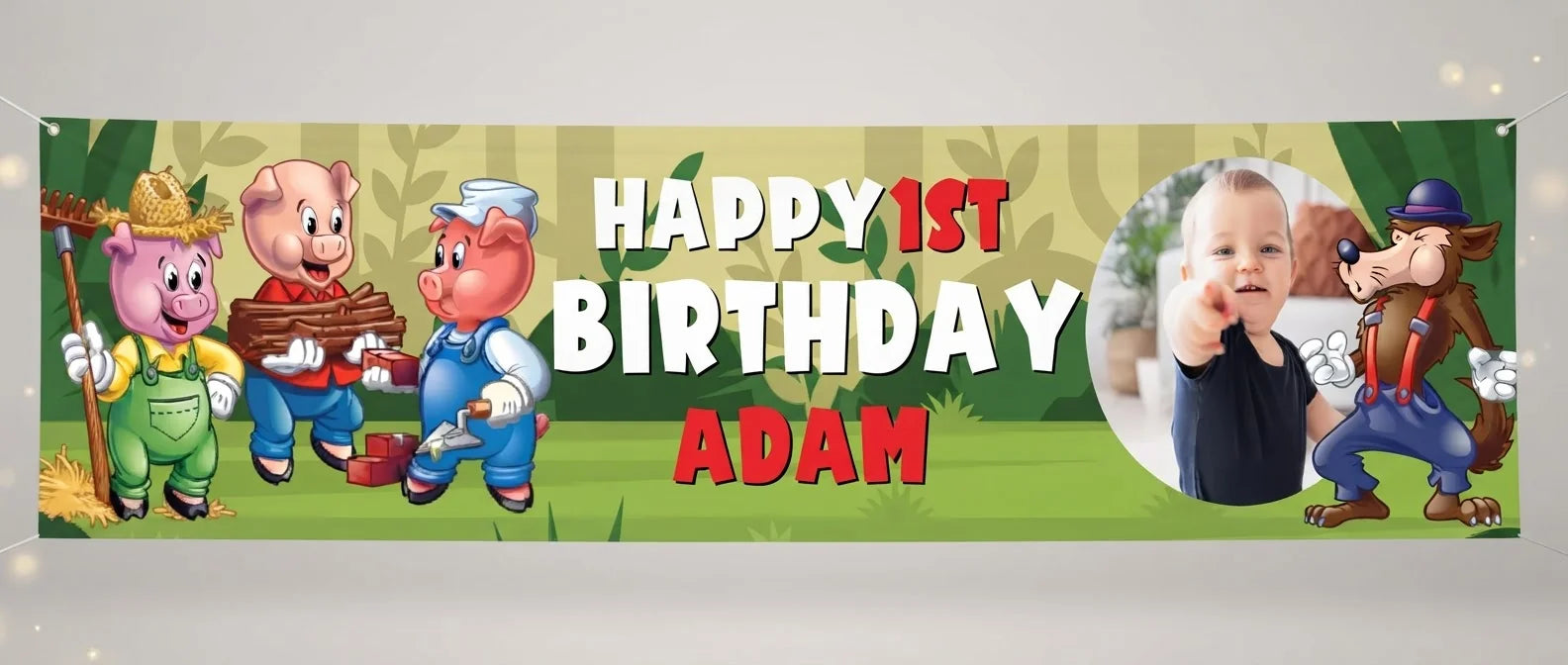 Personalised Three Little Pigs Birthday Banner displayed against a plain studio background
