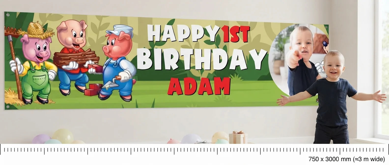 Person standing beside the Three Little Pigs Birthday Banner for scale, with size guide showing 750 x 3000 mm