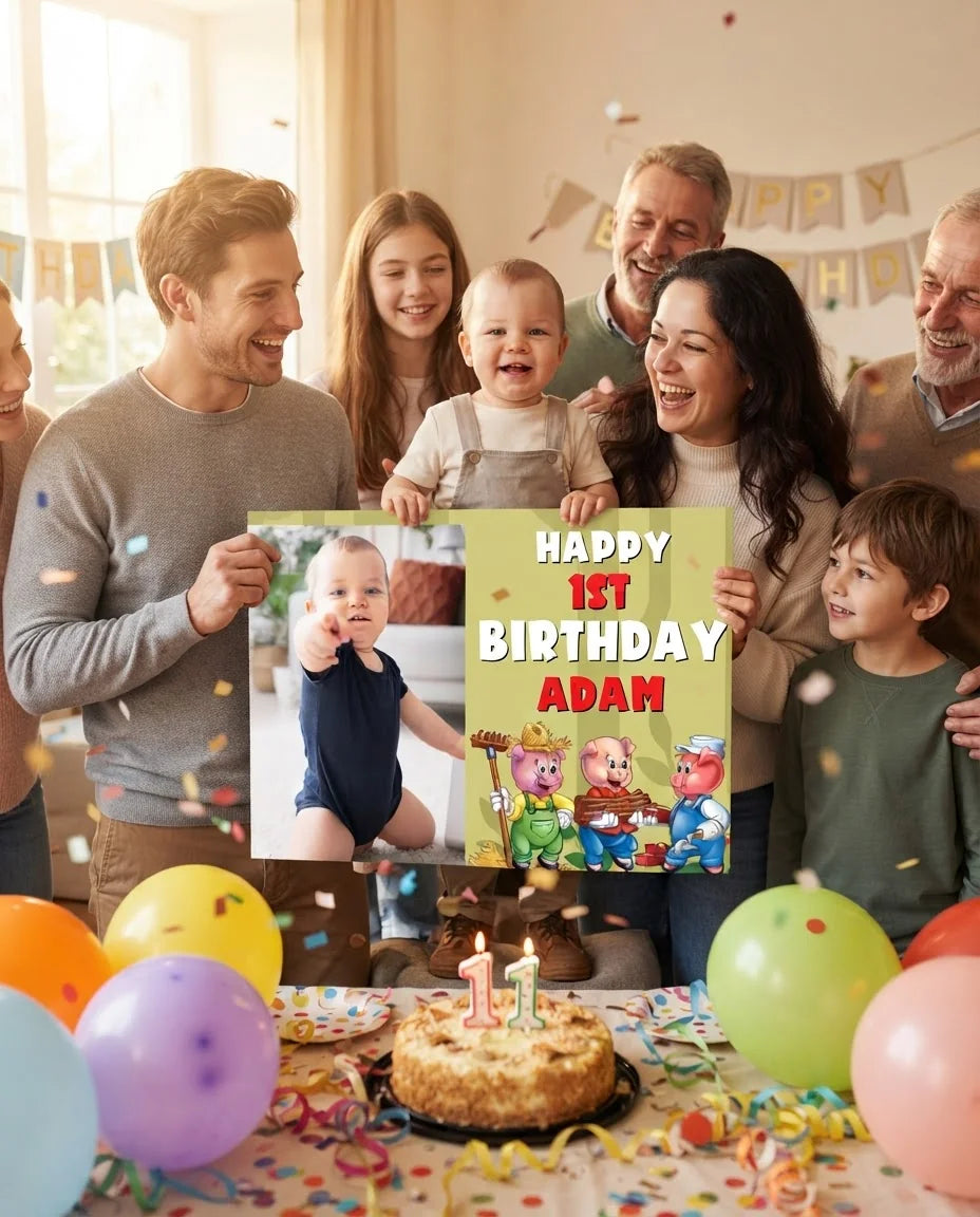 Friends and family celebrating with the personalised Three Little Pigs Mega Card