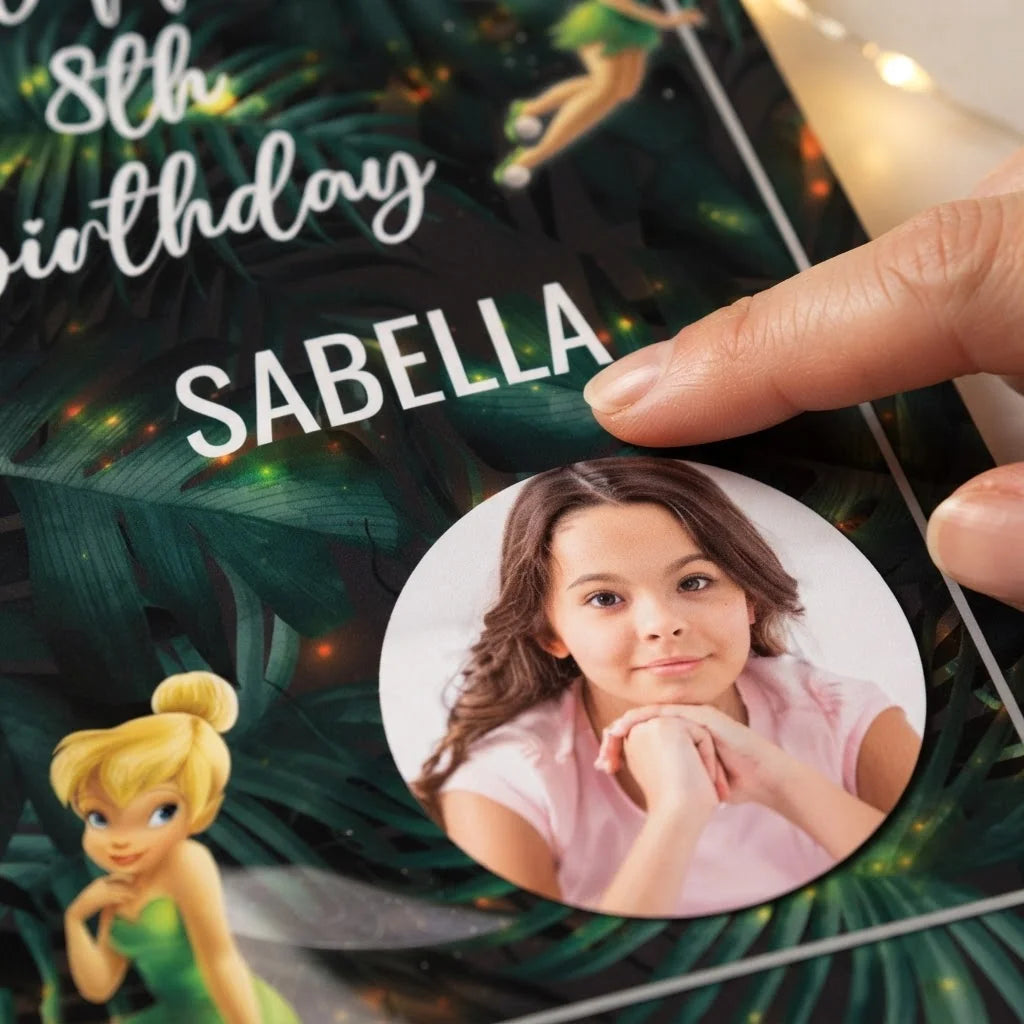 Close-up of the personalised name and photo printed on the Tinkerbell Mega Card