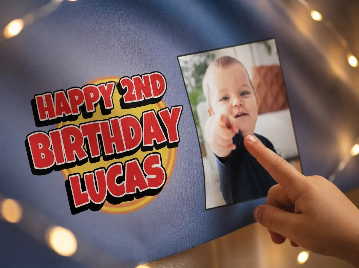Close-up of the personalised name and photo printed on the Tom and Jerry Birthday Banner