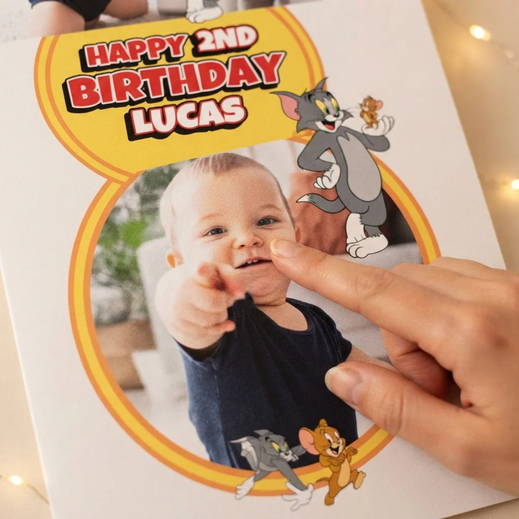 Close-up of the personalised name and photo printed on the Tom and Jerry Mega Card
