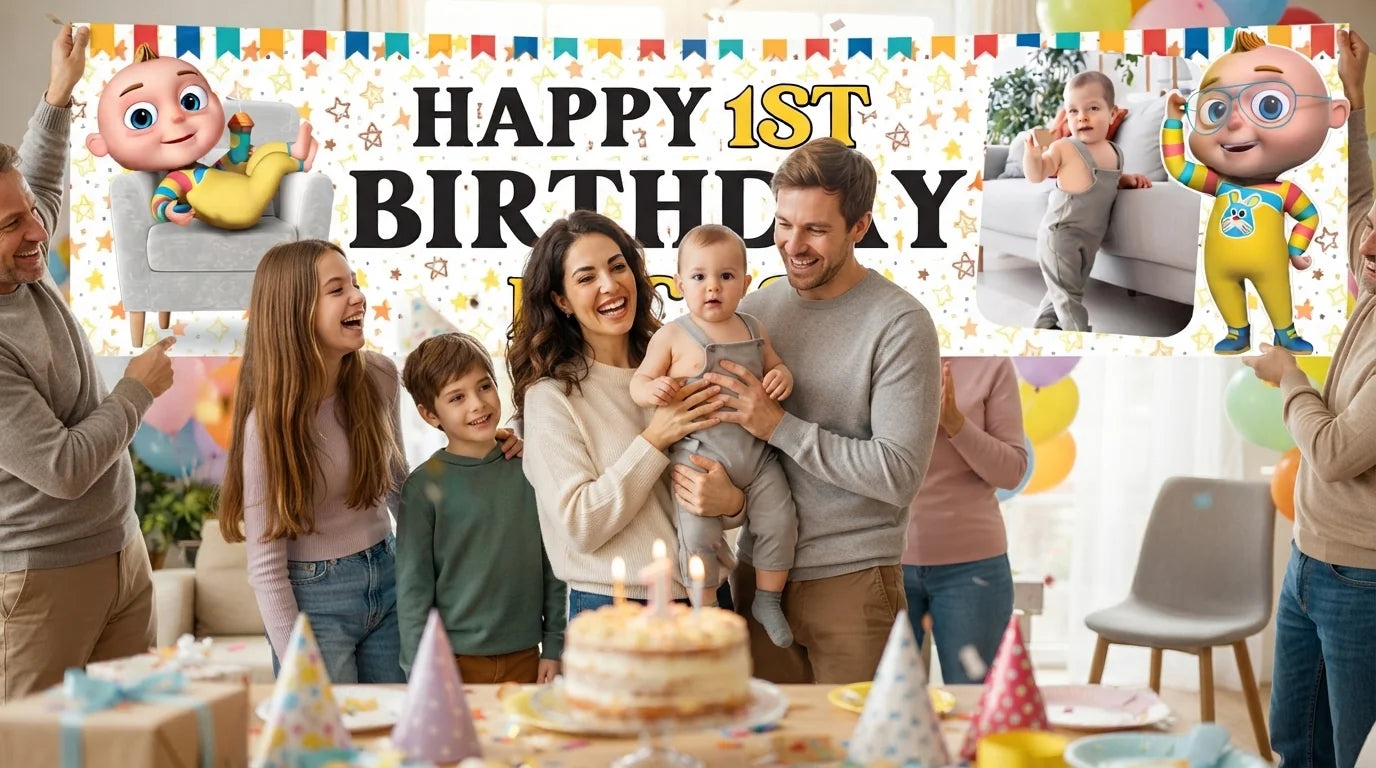 Friends and family celebrating with the personalised Tootoo Boy Birthday Banner