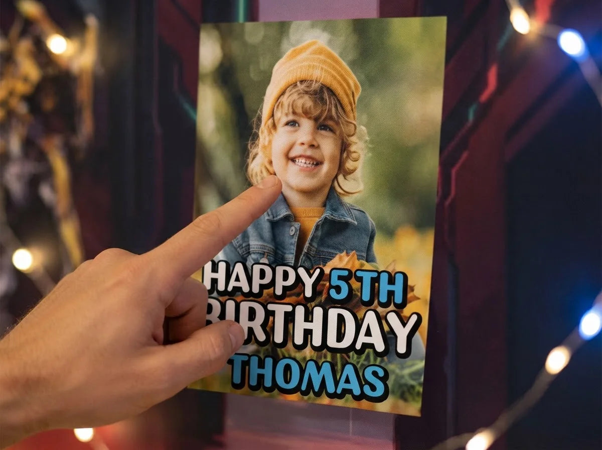 Close-up of the personalised name and photo printed on the Transformers Birthday Banner